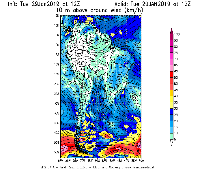 Mappa di analisi GFS - Velocità del vento a 10 metri dal suolo [km/h] in Sud-America
							del 29/01/2019 12 <!--googleoff: index-->UTC<!--googleon: index-->