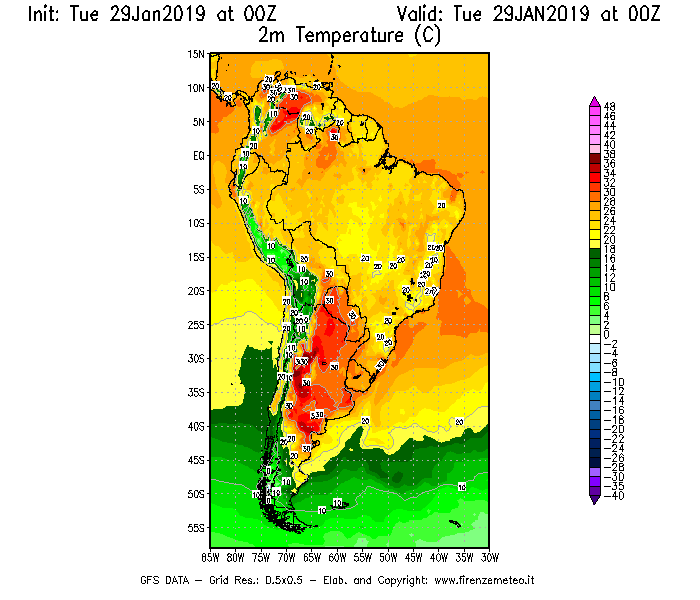 Mappa di analisi GFS - Temperatura a 2 metri dal suolo [°C] in Sud-America
							del 29/01/2019 00 <!--googleoff: index-->UTC<!--googleon: index-->