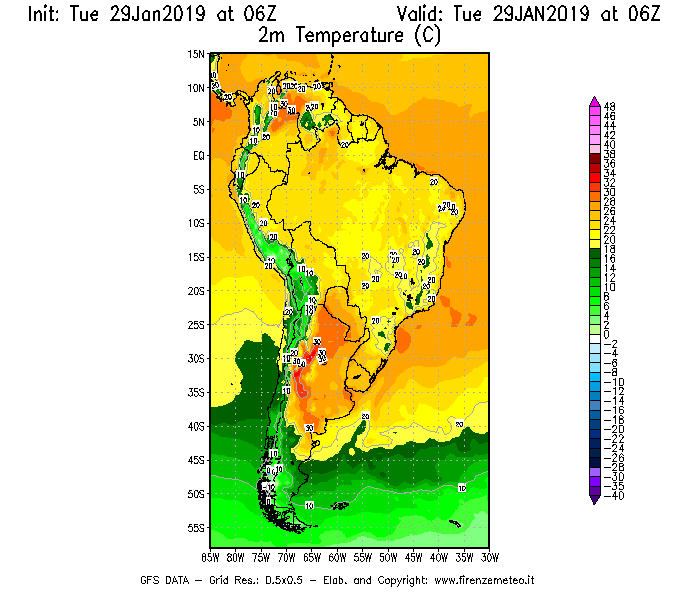 Mappa di analisi GFS - Temperatura a 2 metri dal suolo [°C] in Sud-America
							del 29/01/2019 06 <!--googleoff: index-->UTC<!--googleon: index-->
