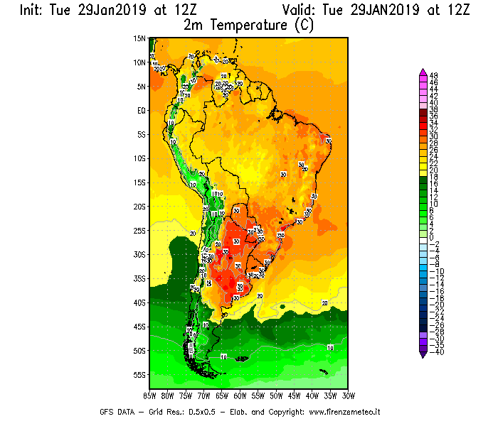 Mappa di analisi GFS - Temperatura a 2 metri dal suolo [°C] in Sud-America
							del 29/01/2019 12 <!--googleoff: index-->UTC<!--googleon: index-->