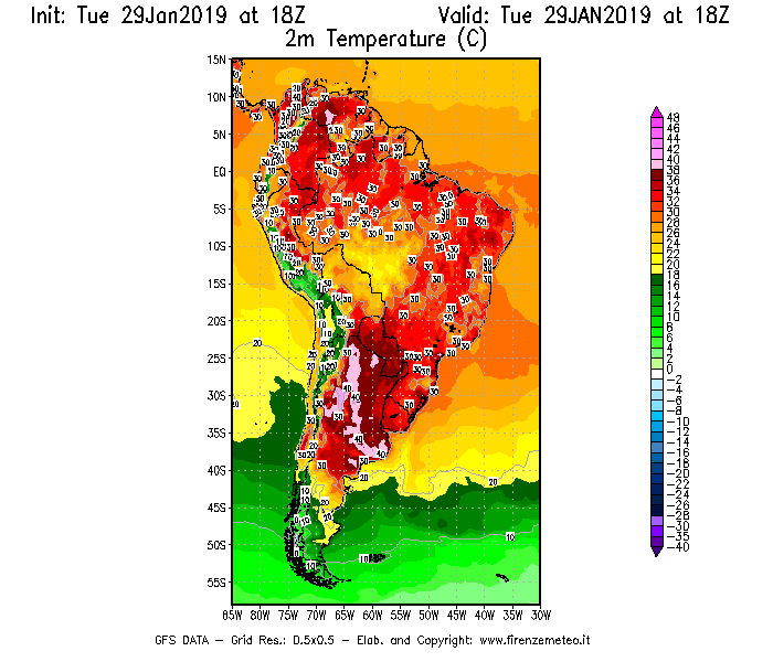 Mappa di analisi GFS - Temperatura a 2 metri dal suolo [°C] in Sud-America
							del 29/01/2019 18 <!--googleoff: index-->UTC<!--googleon: index-->
