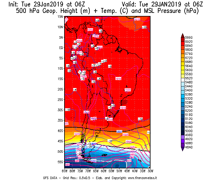 Mappa di analisi GFS - Geopotenziale [m] + Temp. [°C] a 500 hPa + Press. a livello del mare [hPa] in Sud-America
							del 29/01/2019 06 <!--googleoff: index-->UTC<!--googleon: index-->