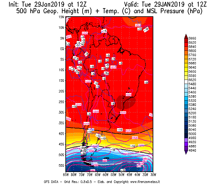 Mappa di analisi GFS - Geopotenziale [m] + Temp. [°C] a 500 hPa + Press. a livello del mare [hPa] in Sud-America
							del 29/01/2019 12 <!--googleoff: index-->UTC<!--googleon: index-->