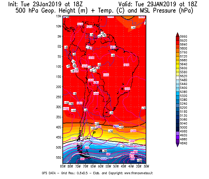 Mappa di analisi GFS - Geopotenziale [m] + Temp. [°C] a 500 hPa + Press. a livello del mare [hPa] in Sud-America
							del 29/01/2019 18 <!--googleoff: index-->UTC<!--googleon: index-->