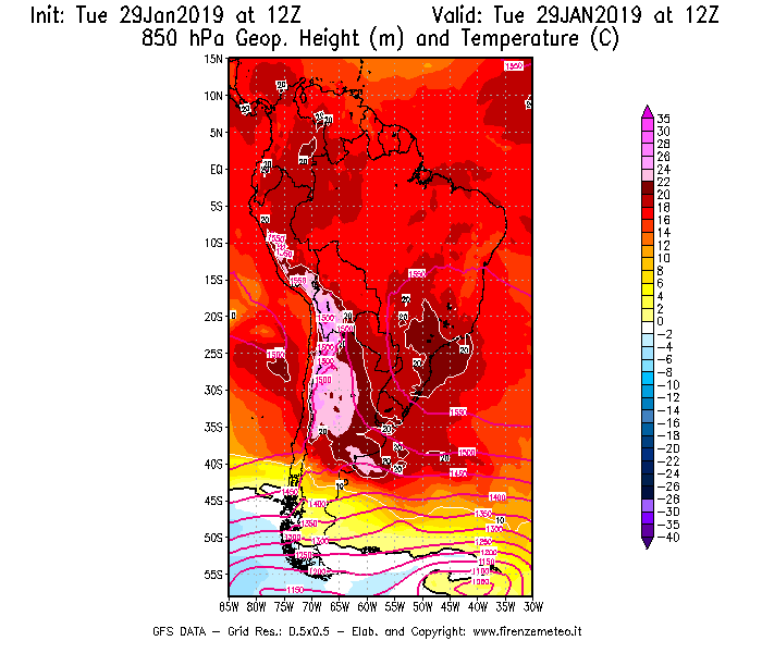 Mappa di analisi GFS - Geopotenziale [m] e Temperatura [°C] a 850 hPa in Sud-America
							del 29/01/2019 12 <!--googleoff: index-->UTC<!--googleon: index-->
