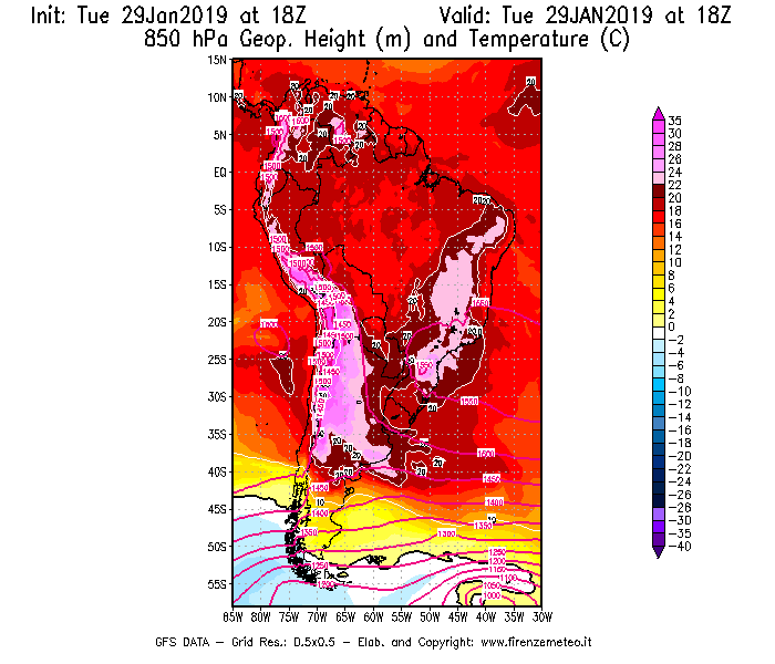 Mappa di analisi GFS - Geopotenziale [m] e Temperatura [°C] a 850 hPa in Sud-America
							del 29/01/2019 18 <!--googleoff: index-->UTC<!--googleon: index-->