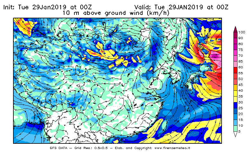 Mappa di analisi GFS - Velocità del vento a 10 metri dal suolo [km/h] in Asia Orientale
							del 29/01/2019 00 <!--googleoff: index-->UTC<!--googleon: index-->