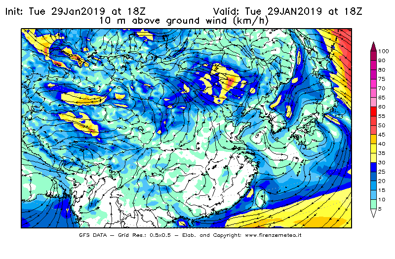Mappa di analisi GFS - Velocità del vento a 10 metri dal suolo [km/h] in Asia Orientale
							del 29/01/2019 18 <!--googleoff: index-->UTC<!--googleon: index-->