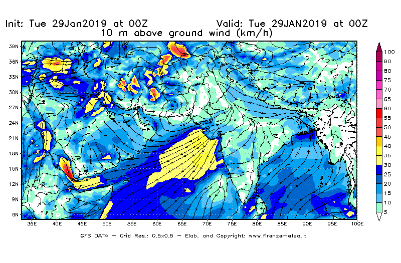 Mappa di analisi GFS - Velocità del vento a 10 metri dal suolo [km/h] in Asia Sud-Occidentale
							del 29/01/2019 00 <!--googleoff: index-->UTC<!--googleon: index-->