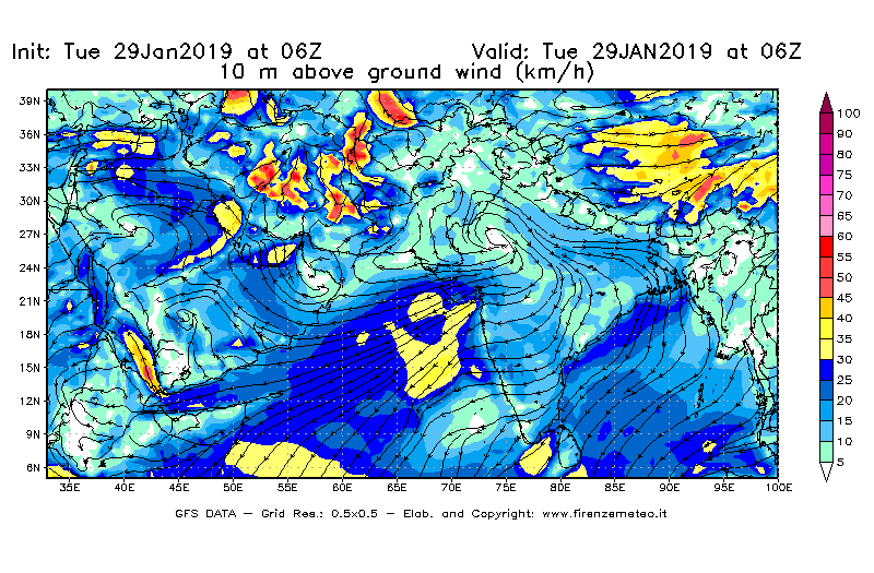 Mappa di analisi GFS - Velocità del vento a 10 metri dal suolo [km/h] in Asia Sud-Occidentale
							del 29/01/2019 06 <!--googleoff: index-->UTC<!--googleon: index-->