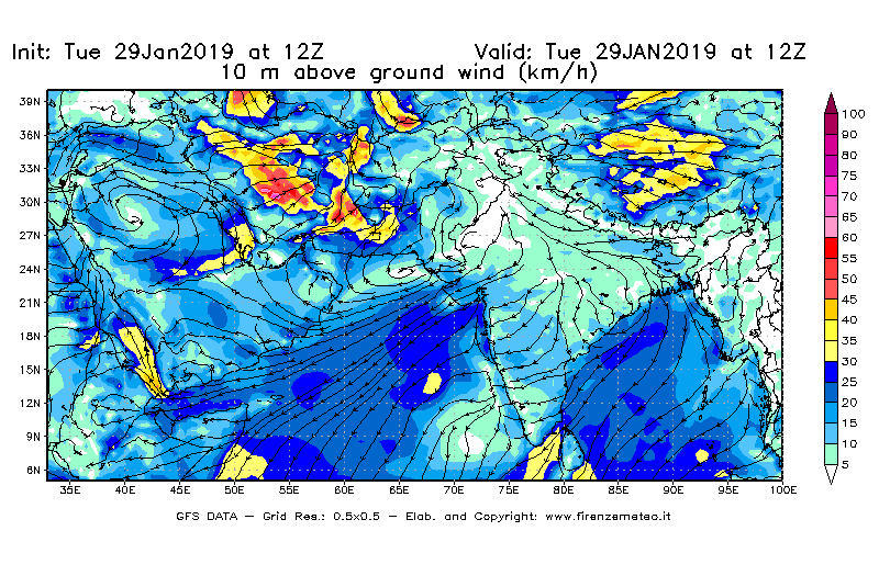 Mappa di analisi GFS - Velocità del vento a 10 metri dal suolo [km/h] in Asia Sud-Occidentale
							del 29/01/2019 12 <!--googleoff: index-->UTC<!--googleon: index-->