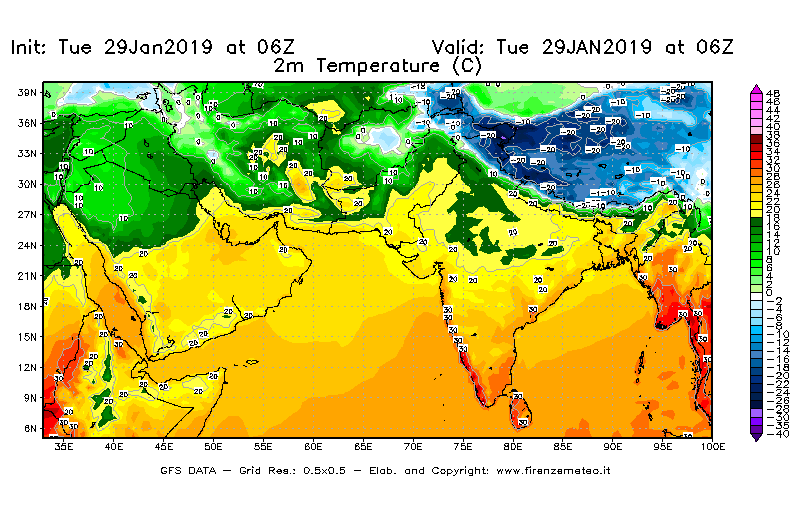 Mappa di analisi GFS - Temperatura a 2 metri dal suolo [°C] in Asia Sud-Occidentale
							del 29/01/2019 06 <!--googleoff: index-->UTC<!--googleon: index-->