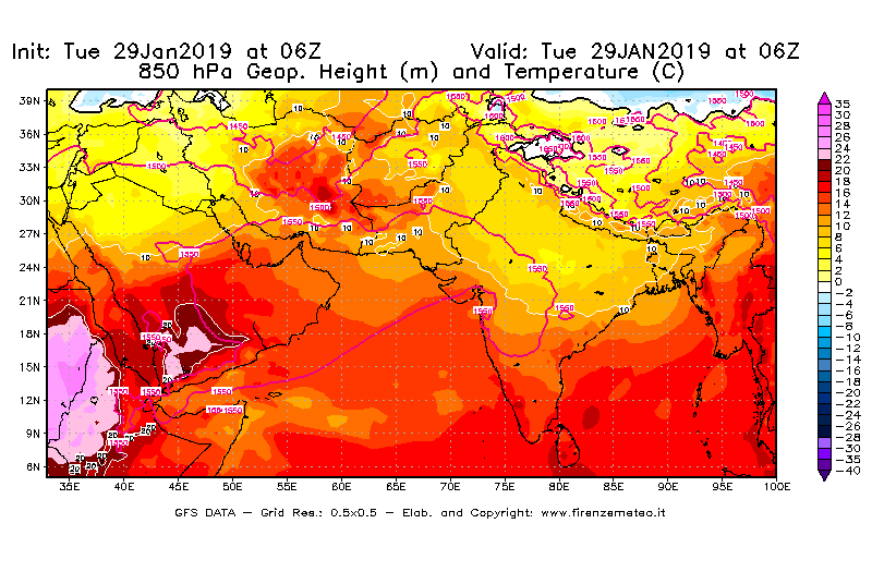 Mappa di analisi GFS - Geopotenziale [m] e Temperatura [°C] a 850 hPa in Asia Sud-Occidentale
							del 29/01/2019 06 <!--googleoff: index-->UTC<!--googleon: index-->