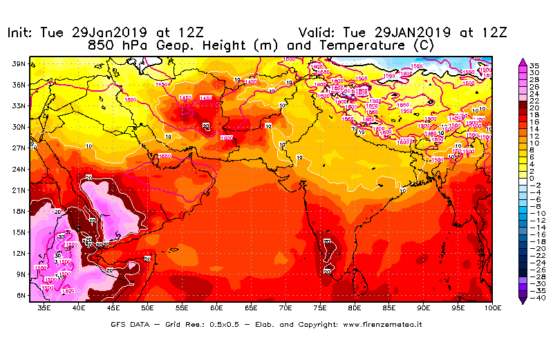 Mappa di analisi GFS - Geopotenziale [m] e Temperatura [°C] a 850 hPa in Asia Sud-Occidentale
							del 29/01/2019 12 <!--googleoff: index-->UTC<!--googleon: index-->