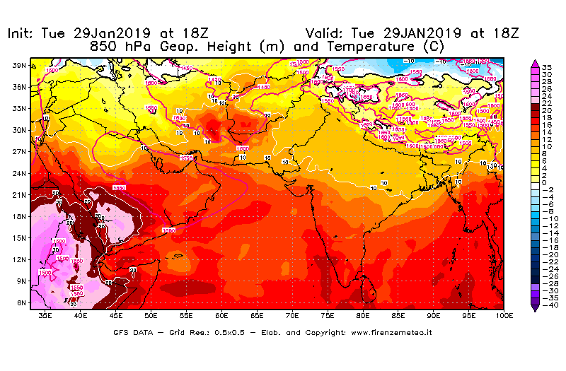 Mappa di analisi GFS - Geopotenziale [m] e Temperatura [°C] a 850 hPa in Asia Sud-Occidentale
							del 29/01/2019 18 <!--googleoff: index-->UTC<!--googleon: index-->