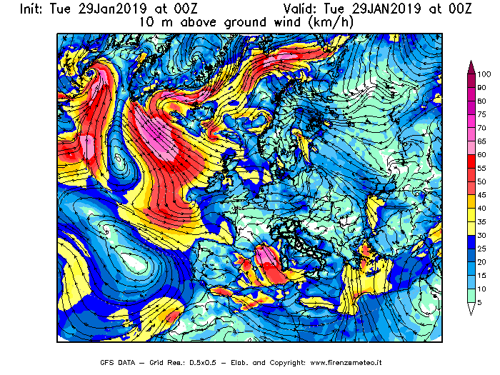 Mappa di analisi GFS - Velocità del vento a 10 metri dal suolo [km/h] in Europa
							del 29/01/2019 00 <!--googleoff: index-->UTC<!--googleon: index-->