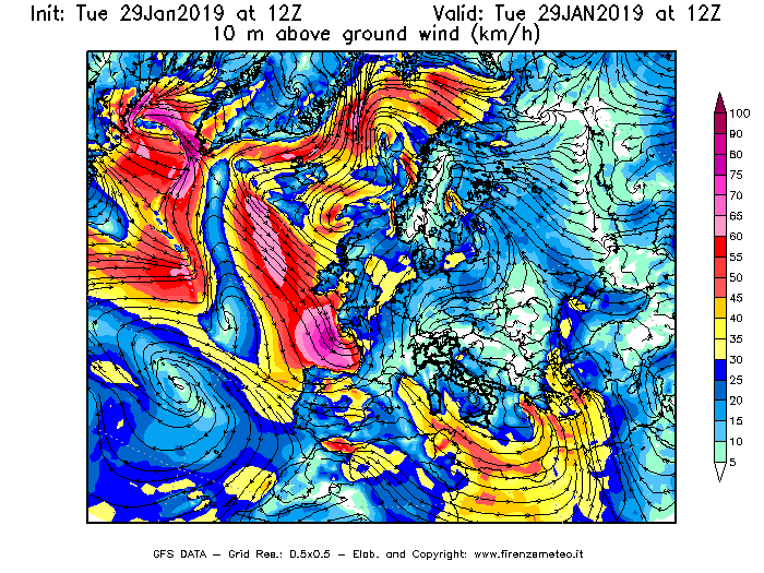 Mappa di analisi GFS - Velocità del vento a 10 metri dal suolo [km/h] in Europa
							del 29/01/2019 12 <!--googleoff: index-->UTC<!--googleon: index-->