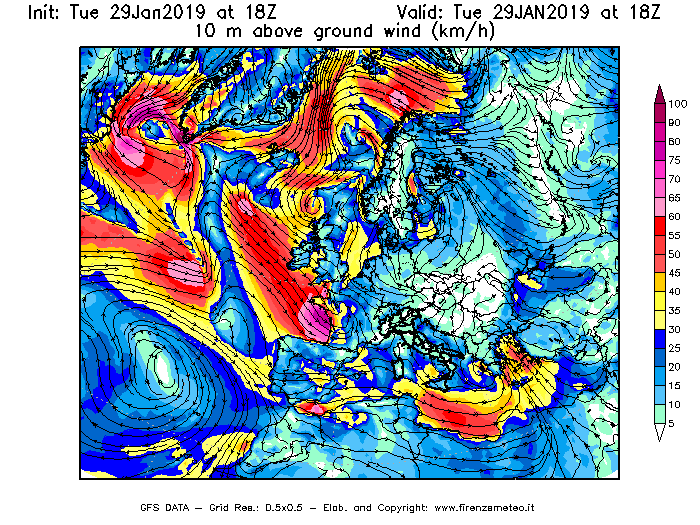 Mappa di analisi GFS - Velocità del vento a 10 metri dal suolo [km/h] in Europa
							del 29/01/2019 18 <!--googleoff: index-->UTC<!--googleon: index-->