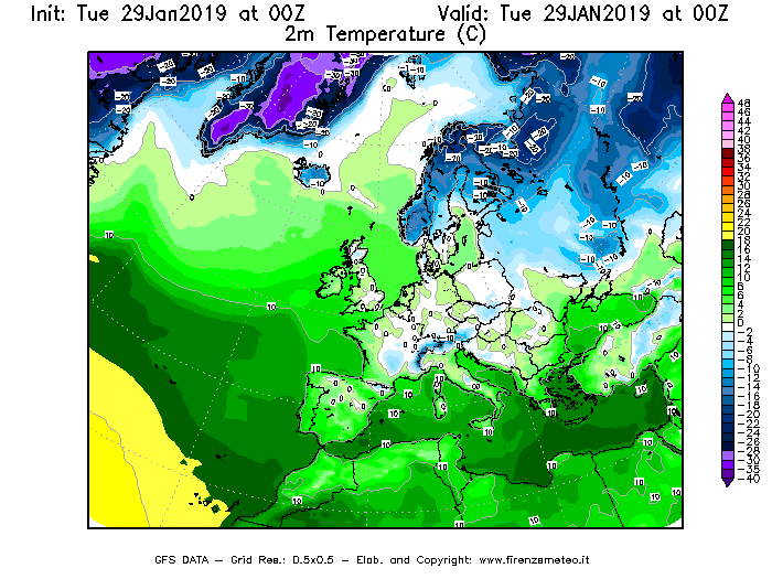 Mappa di analisi GFS - Temperatura a 2 metri dal suolo [°C] in Europa
							del 29/01/2019 00 <!--googleoff: index-->UTC<!--googleon: index-->