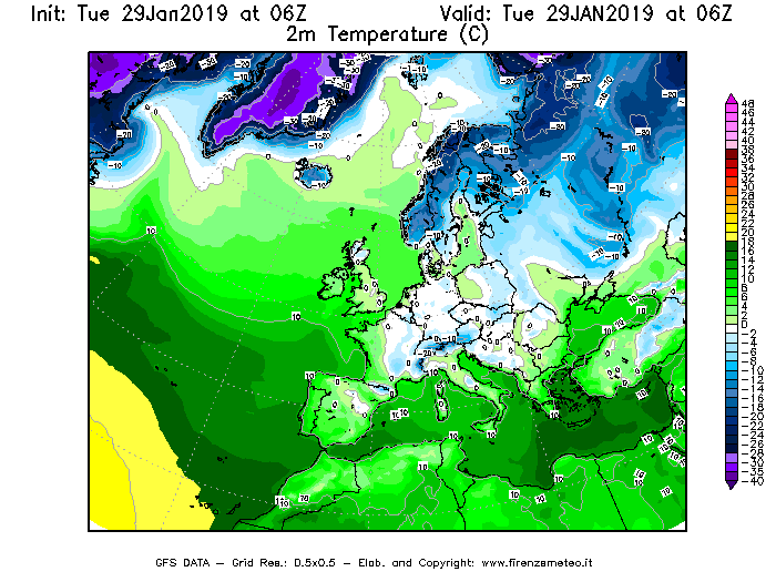 Mappa di analisi GFS - Temperatura a 2 metri dal suolo [°C] in Europa
							del 29/01/2019 06 <!--googleoff: index-->UTC<!--googleon: index-->