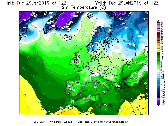 Mappa di analisi GFS - Temperatura a 2 metri dal suolo [°C] in Europa
							del 29/01/2019 12 <!--googleoff: index-->UTC<!--googleon: index-->