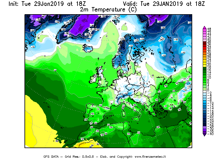Mappa di analisi GFS - Temperatura a 2 metri dal suolo [°C] in Europa
							del 29/01/2019 18 <!--googleoff: index-->UTC<!--googleon: index-->