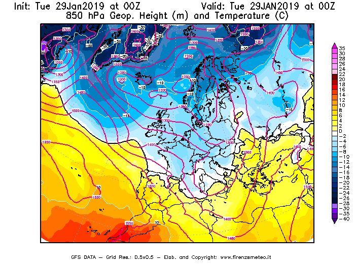 Mappa di analisi GFS - Geopotenziale [m] e Temperatura [°C] a 850 hPa in Europa
							del 29/01/2019 00 <!--googleoff: index-->UTC<!--googleon: index-->