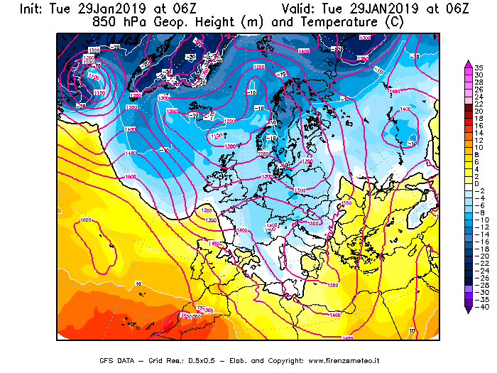 Mappa di analisi GFS - Geopotenziale [m] e Temperatura [°C] a 850 hPa in Europa
							del 29/01/2019 06 <!--googleoff: index-->UTC<!--googleon: index-->
