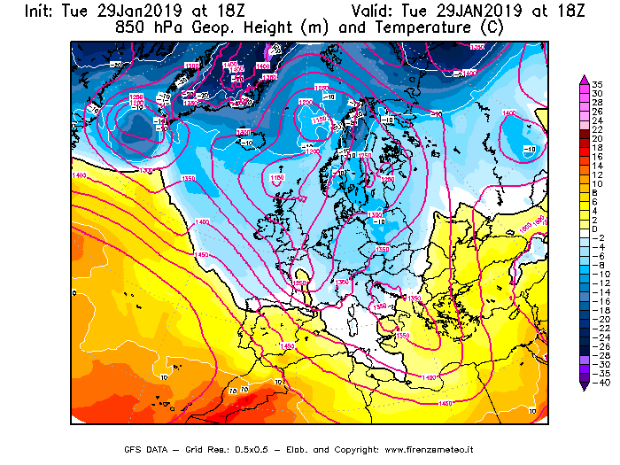 Mappa di analisi GFS - Geopotenziale [m] e Temperatura [°C] a 850 hPa in Europa
							del 29/01/2019 18 <!--googleoff: index-->UTC<!--googleon: index-->
