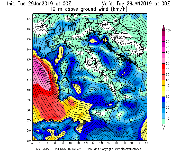 Mappa di analisi GFS - Velocità del vento a 10 metri dal suolo [km/h] in Italia
							del 29/01/2019 00 <!--googleoff: index-->UTC<!--googleon: index-->
