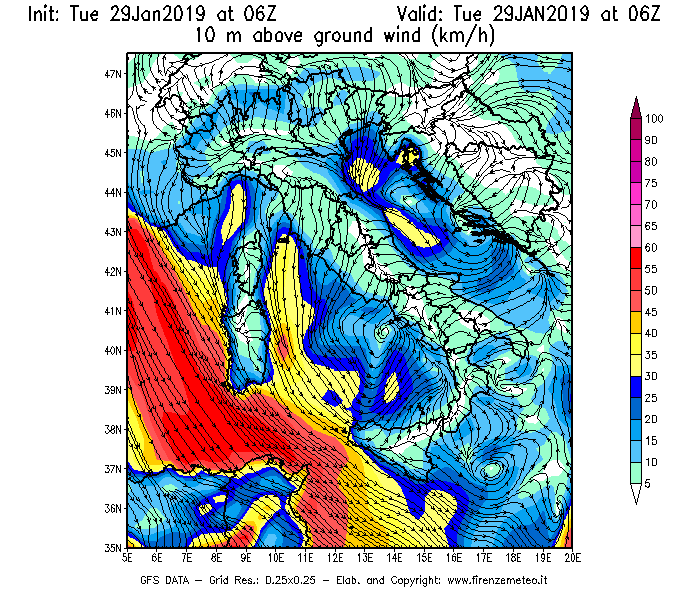 Mappa di analisi GFS - Velocità del vento a 10 metri dal suolo [km/h] in Italia
							del 29/01/2019 06 <!--googleoff: index-->UTC<!--googleon: index-->