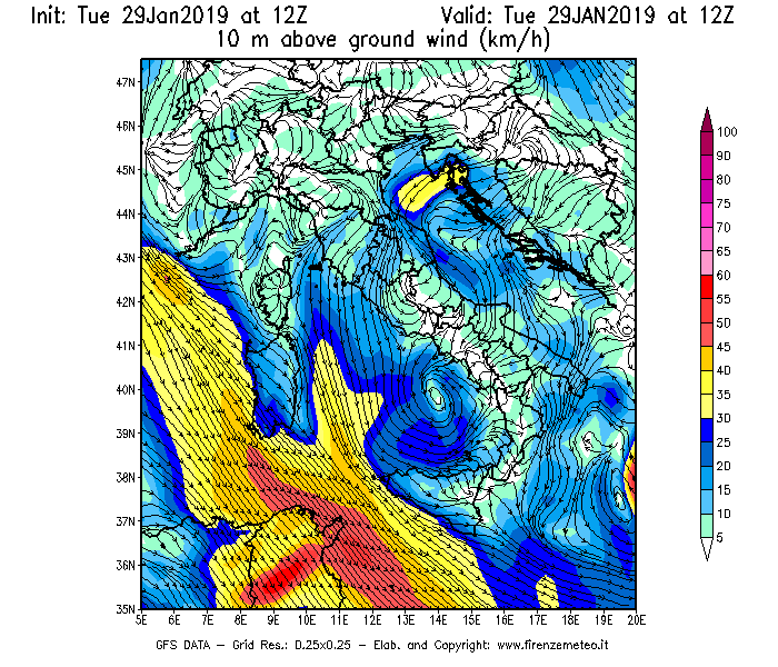 Mappa di analisi GFS - Velocità del vento a 10 metri dal suolo [km/h] in Italia
							del 29/01/2019 12 <!--googleoff: index-->UTC<!--googleon: index-->