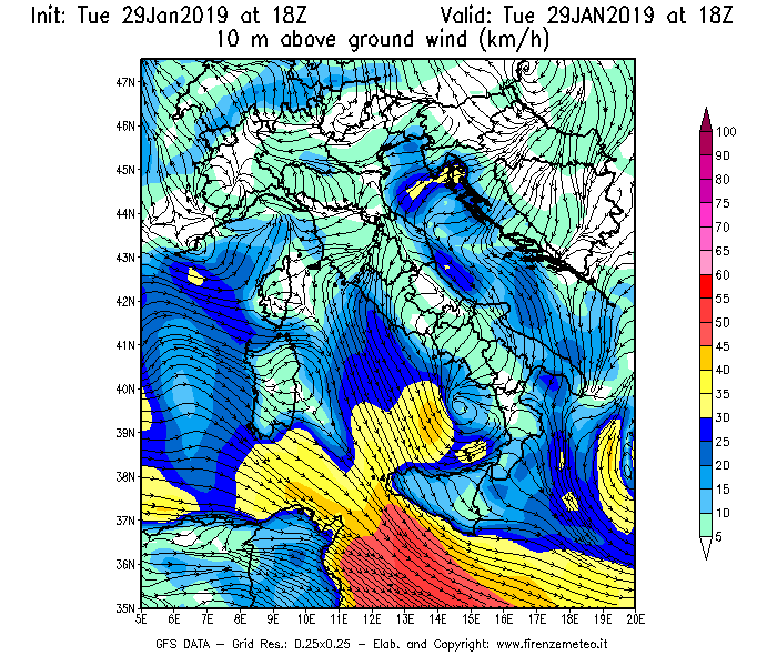 Mappa di analisi GFS - Velocità del vento a 10 metri dal suolo [km/h] in Italia
							del 29/01/2019 18 <!--googleoff: index-->UTC<!--googleon: index-->