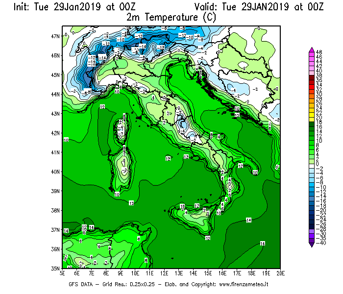 Mappa di analisi GFS - Temperatura a 2 metri dal suolo [°C] in Italia
							del 29/01/2019 00 <!--googleoff: index-->UTC<!--googleon: index-->