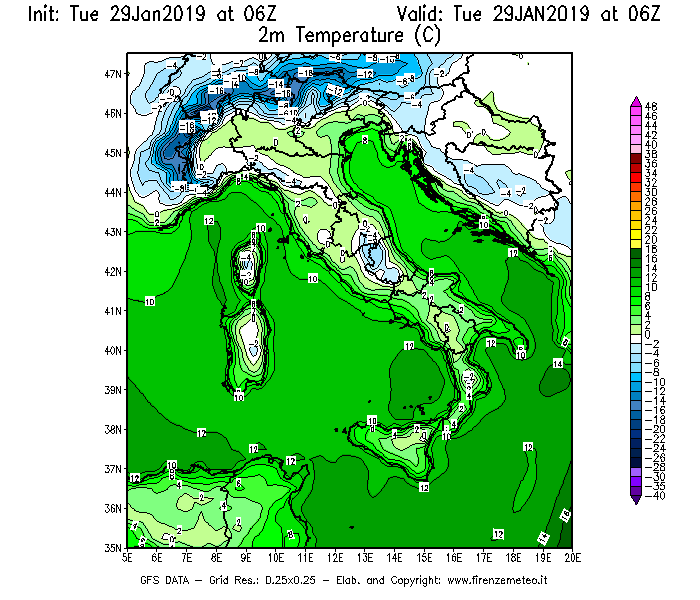 Mappa di analisi GFS - Temperatura a 2 metri dal suolo [°C] in Italia
							del 29/01/2019 06 <!--googleoff: index-->UTC<!--googleon: index-->