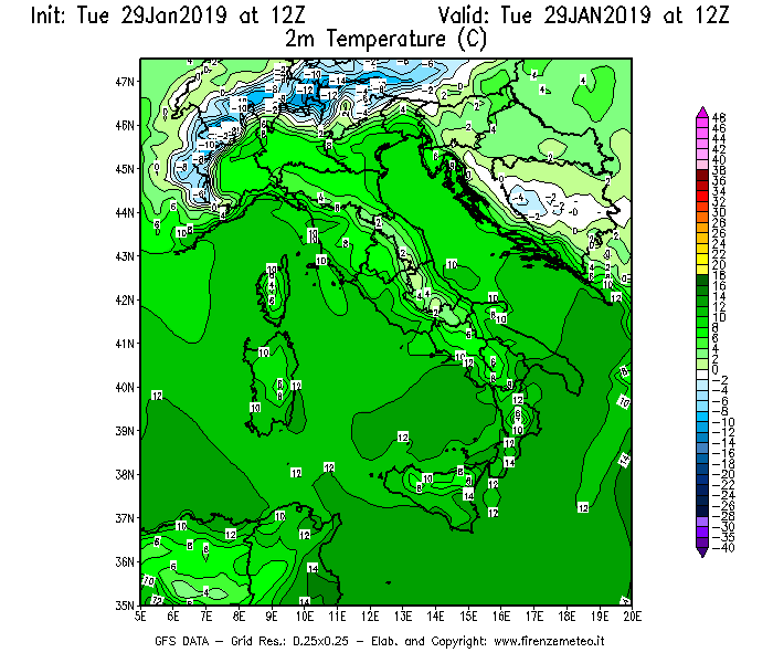 Mappa di analisi GFS - Temperatura a 2 metri dal suolo [°C] in Italia
							del 29/01/2019 12 <!--googleoff: index-->UTC<!--googleon: index-->