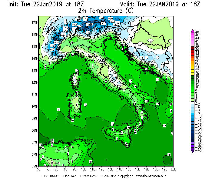 Mappa di analisi GFS - Temperatura a 2 metri dal suolo [°C] in Italia
							del 29/01/2019 18 <!--googleoff: index-->UTC<!--googleon: index-->