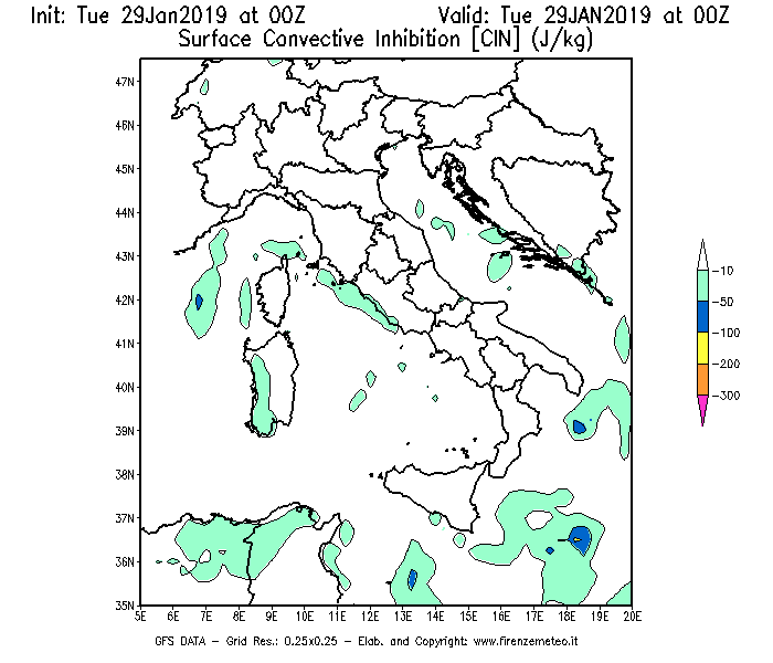 Mappa di analisi GFS - CIN [J/kg] in Italia
							del 29/01/2019 00 <!--googleoff: index-->UTC<!--googleon: index-->