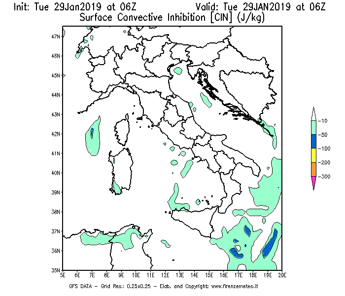 Mappa di analisi GFS - CIN [J/kg] in Italia
							del 29/01/2019 06 <!--googleoff: index-->UTC<!--googleon: index-->