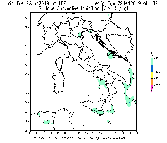 Mappa di analisi GFS - CIN [J/kg] in Italia
							del 29/01/2019 18 <!--googleoff: index-->UTC<!--googleon: index-->