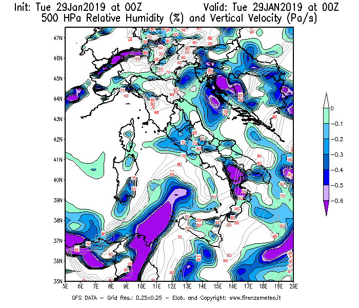 Mappa di analisi GFS - Umidità relativa [%] e Omega [Pa/s] a 500 hPa in Italia
							del 29/01/2019 00 <!--googleoff: index-->UTC<!--googleon: index-->