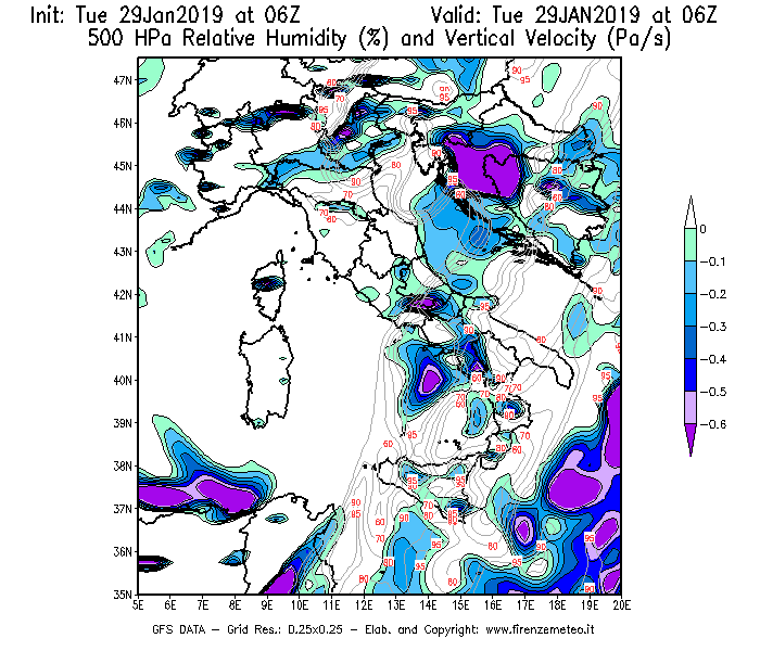 Mappa di analisi GFS - Umidità relativa [%] e Omega [Pa/s] a 500 hPa in Italia
							del 29/01/2019 06 <!--googleoff: index-->UTC<!--googleon: index-->