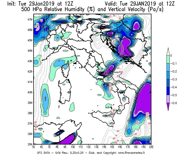 Mappa di analisi GFS - Umidità relativa [%] e Omega [Pa/s] a 500 hPa in Italia
							del 29/01/2019 12 <!--googleoff: index-->UTC<!--googleon: index-->
