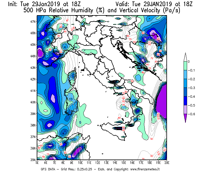Mappa di analisi GFS - Umidità relativa [%] e Omega [Pa/s] a 500 hPa in Italia
							del 29/01/2019 18 <!--googleoff: index-->UTC<!--googleon: index-->