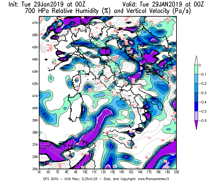 Mappa di analisi GFS - Umidità relativa [%] e Omega [Pa/s] a 700 hPa in Italia
							del 29/01/2019 00 <!--googleoff: index-->UTC<!--googleon: index-->