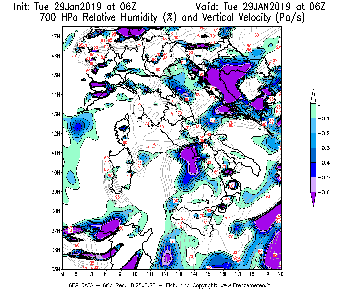 Mappa di analisi GFS - Umidità relativa [%] e Omega [Pa/s] a 700 hPa in Italia
							del 29/01/2019 06 <!--googleoff: index-->UTC<!--googleon: index-->