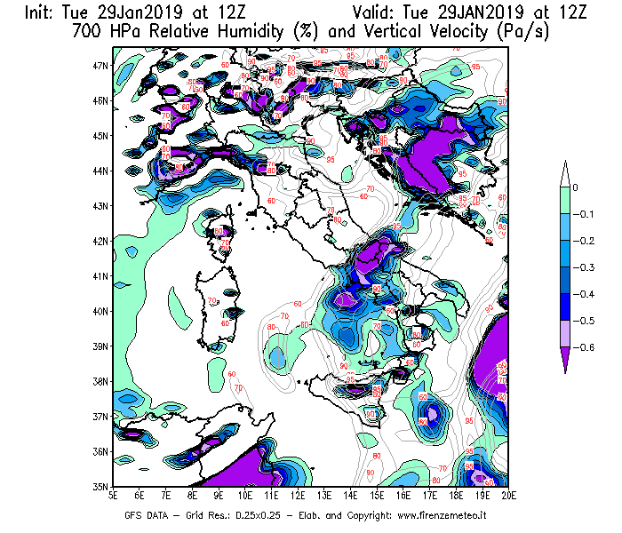 Mappa di analisi GFS - Umidità relativa [%] e Omega [Pa/s] a 700 hPa in Italia
							del 29/01/2019 12 <!--googleoff: index-->UTC<!--googleon: index-->