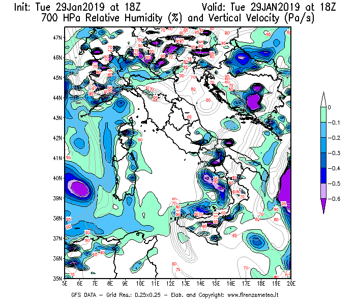 Mappa di analisi GFS - Umidità relativa [%] e Omega [Pa/s] a 700 hPa in Italia
							del 29/01/2019 18 <!--googleoff: index-->UTC<!--googleon: index-->