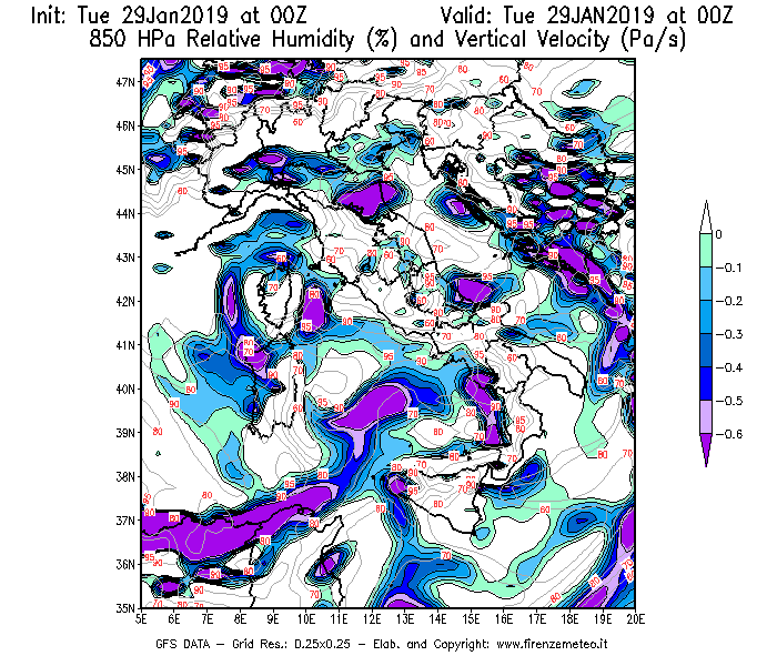 Mappa di analisi GFS - Umidità relativa [%] e Omega [Pa/s] a 850 hPa in Italia
							del 29/01/2019 00 <!--googleoff: index-->UTC<!--googleon: index-->