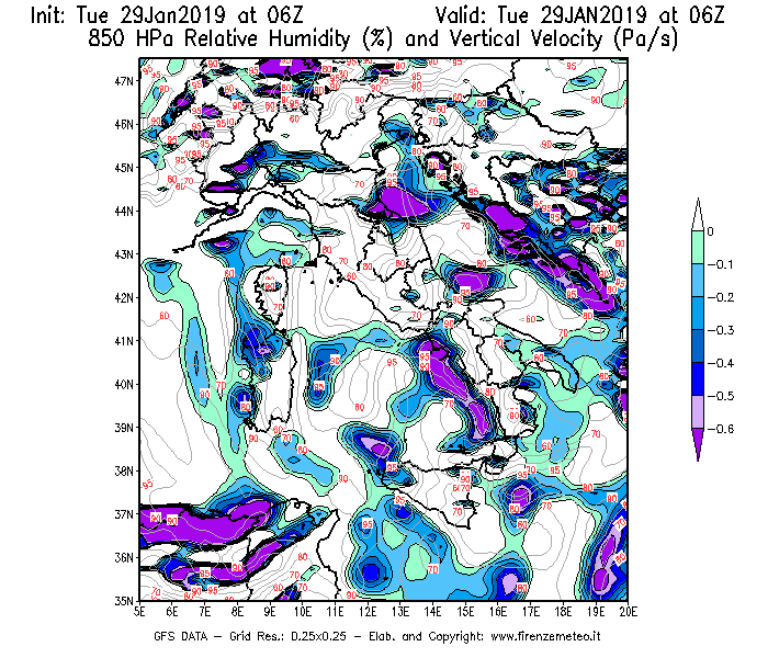 Mappa di analisi GFS - Umidità relativa [%] e Omega [Pa/s] a 850 hPa in Italia
							del 29/01/2019 06 <!--googleoff: index-->UTC<!--googleon: index-->